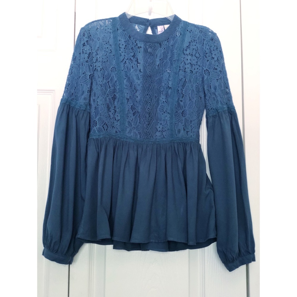 Alya TM Blue Turquoise Blouse with Floral Lace and Long Puffy Sleeves